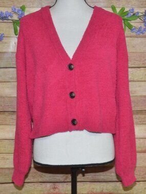 Active USA Ladies Hot Pink Crop Button Up Cardigan Sweater Size L Comfy Casual